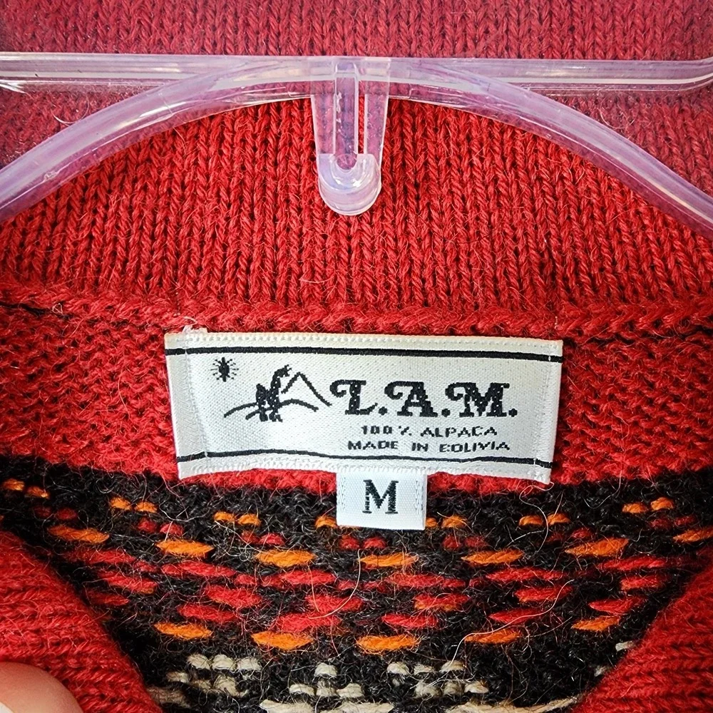 LAM 100% Alpaca 1/4 Zip Sweater Unisex M Multicolor Geo Alpine Pattern‎ Bolivia